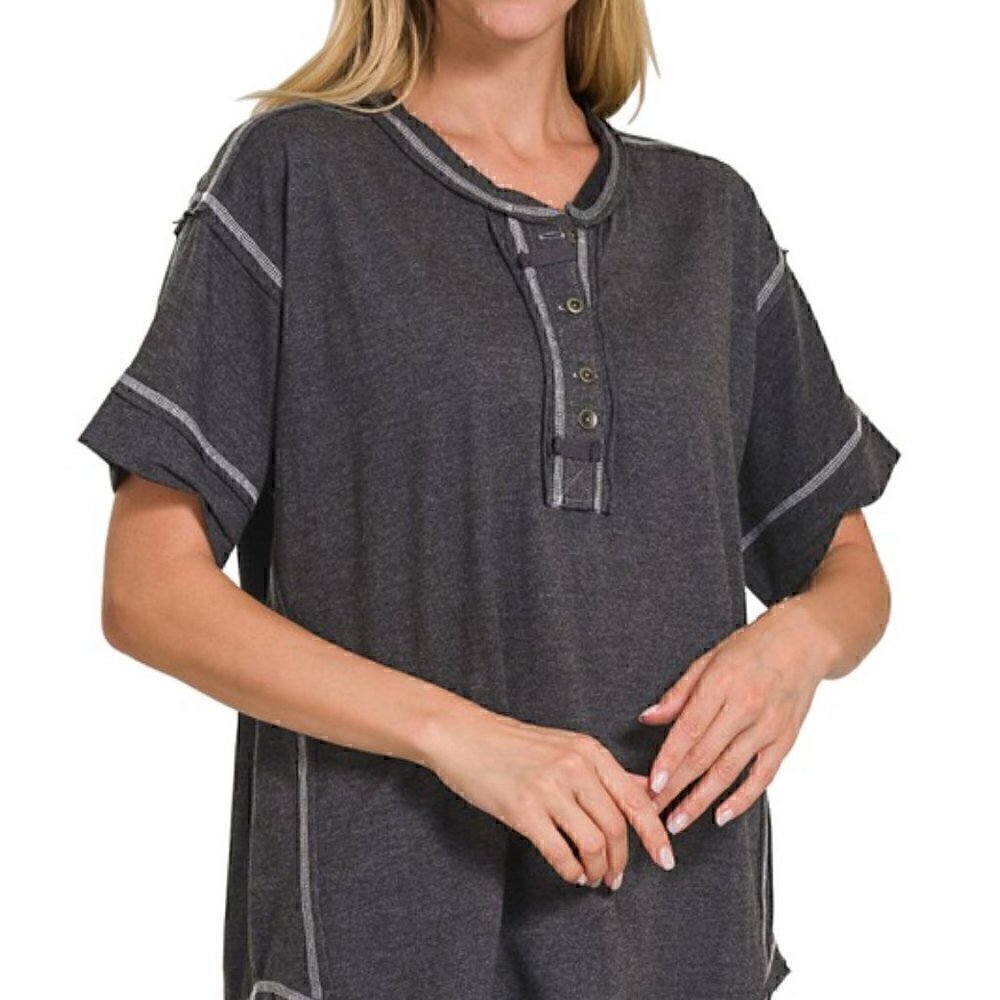 Charcoal‎ Grey Short Sleeve Button Detail Top